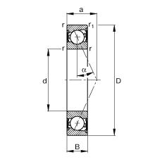 主軸軸承 B7201-E-2RSD-T-P4S, 調節，成對安裝，接觸角 α = 25°，兩側唇密封，非接觸，限制公差